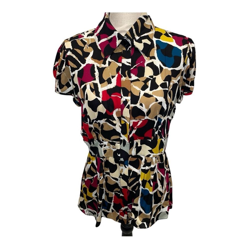Wild cheetah Y2K babydoll cap sleeve silk geometric blouse retro mod DVF